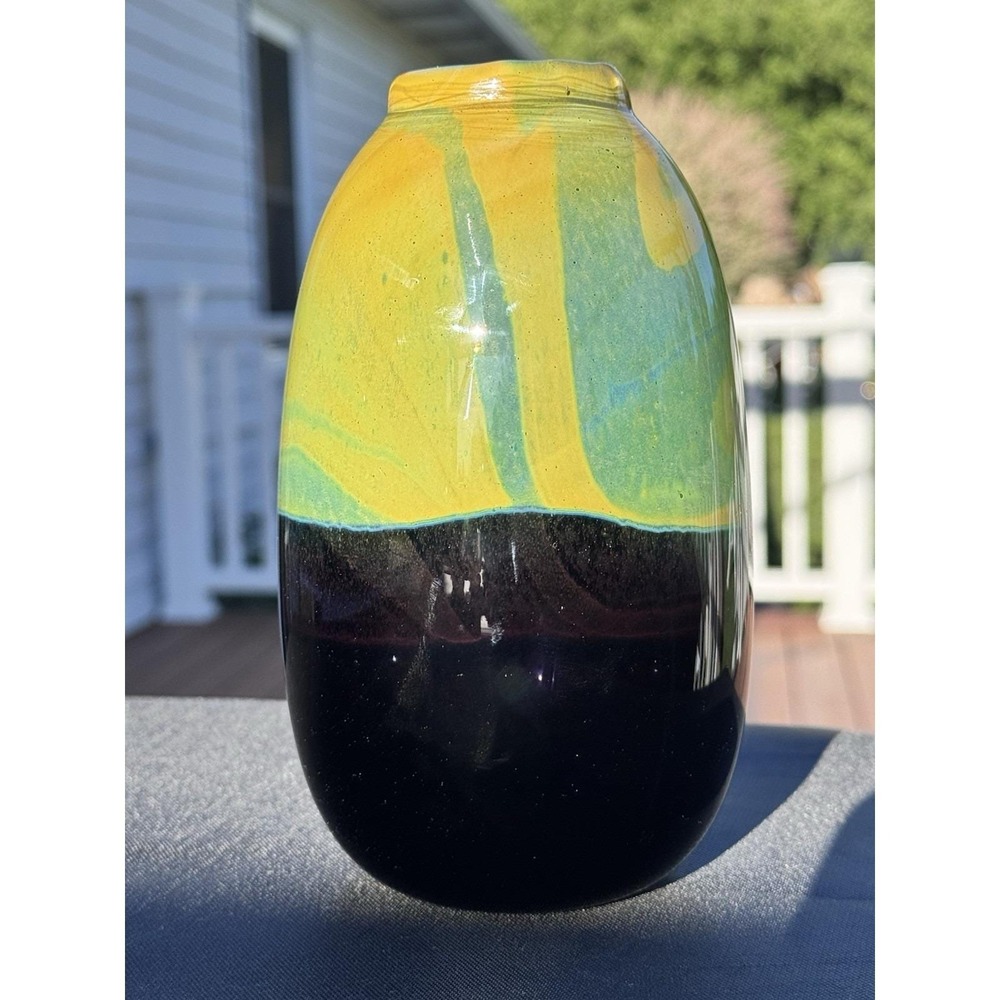 1970s Donald Carlson Early Hand Blown Iridescent Studio Art Glass Vase 6.75" VTG